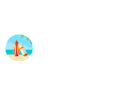 A graphic with a beach scene and a lifeguard tower is on a black background.