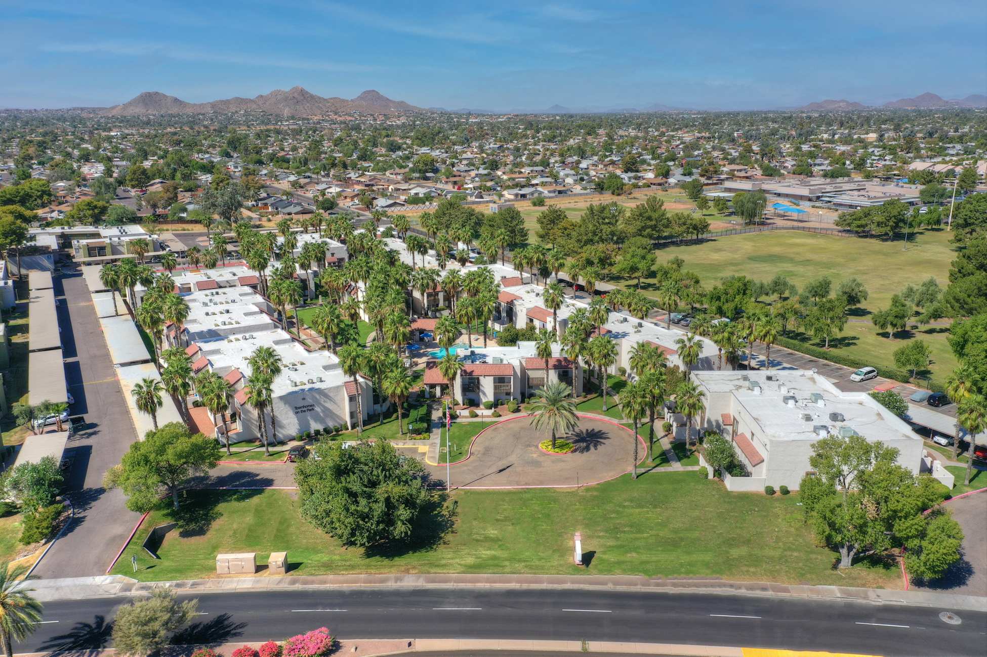 Aerial community view at Townhomes on the Park Apartment Homes.