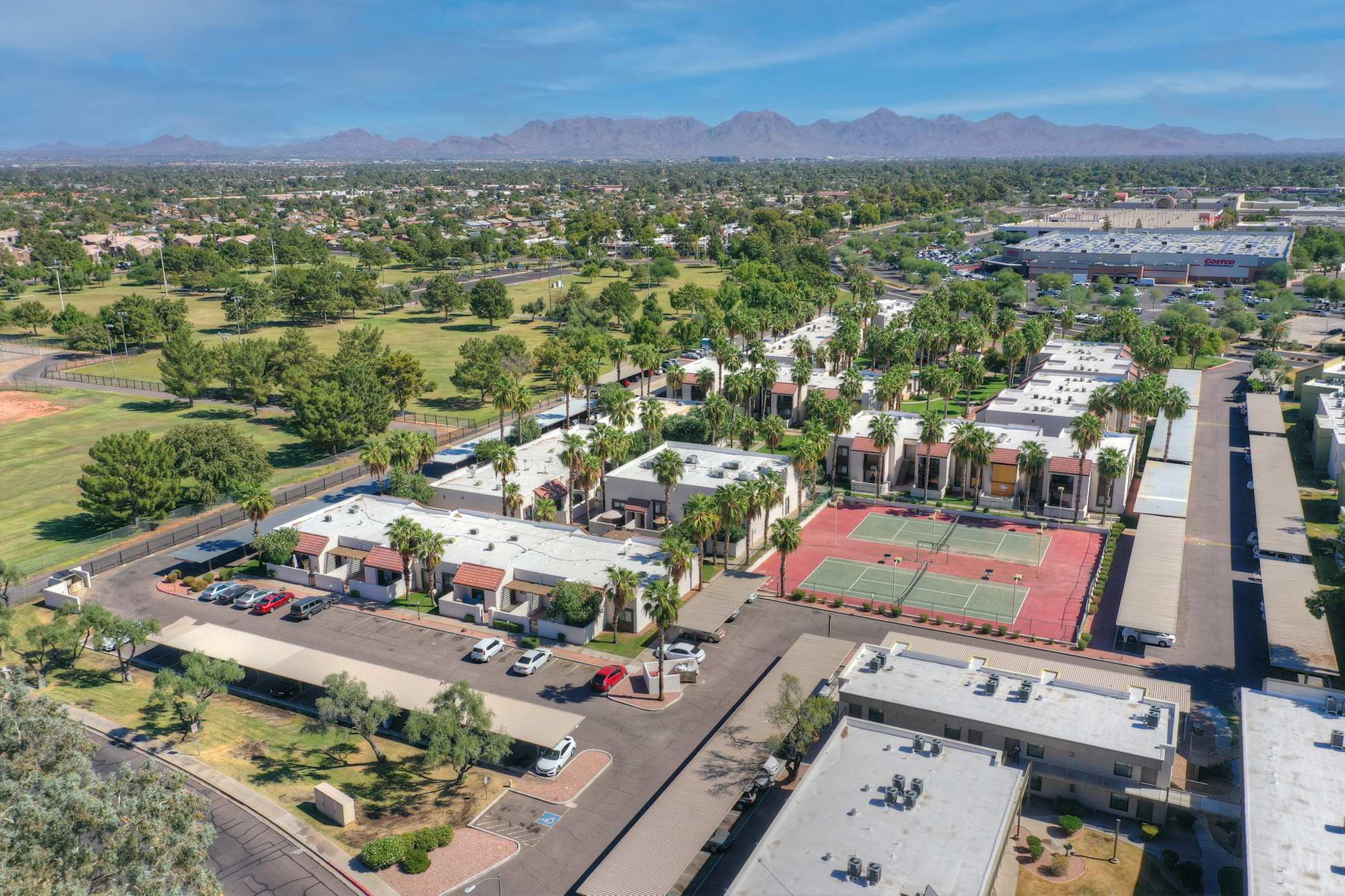 Aerial community view at Townhomes on the Park Apartment Homes.