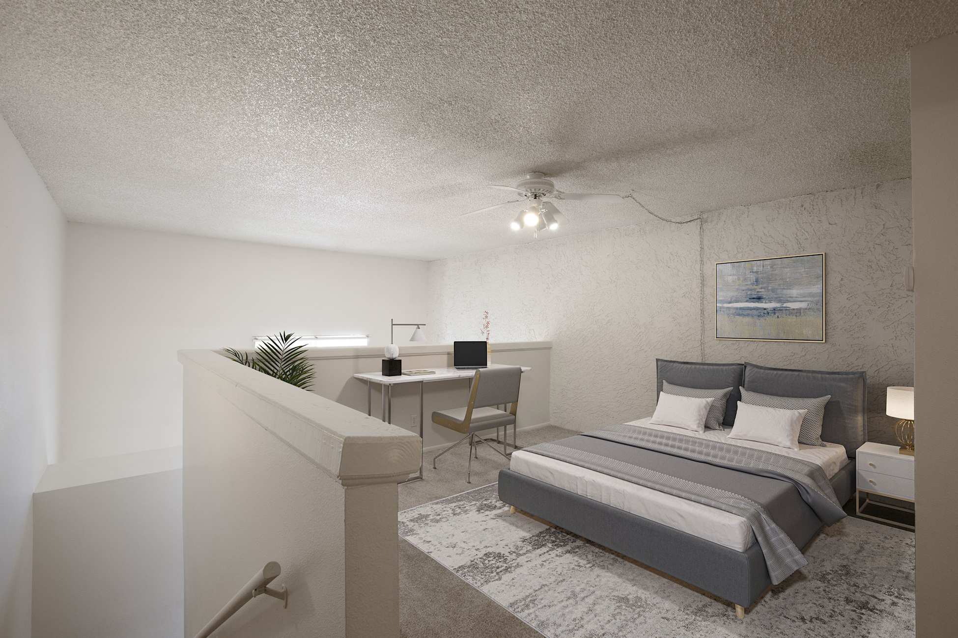 Furnished bedroom shown — representative home at Townhomes on the Park Apartment Homes.