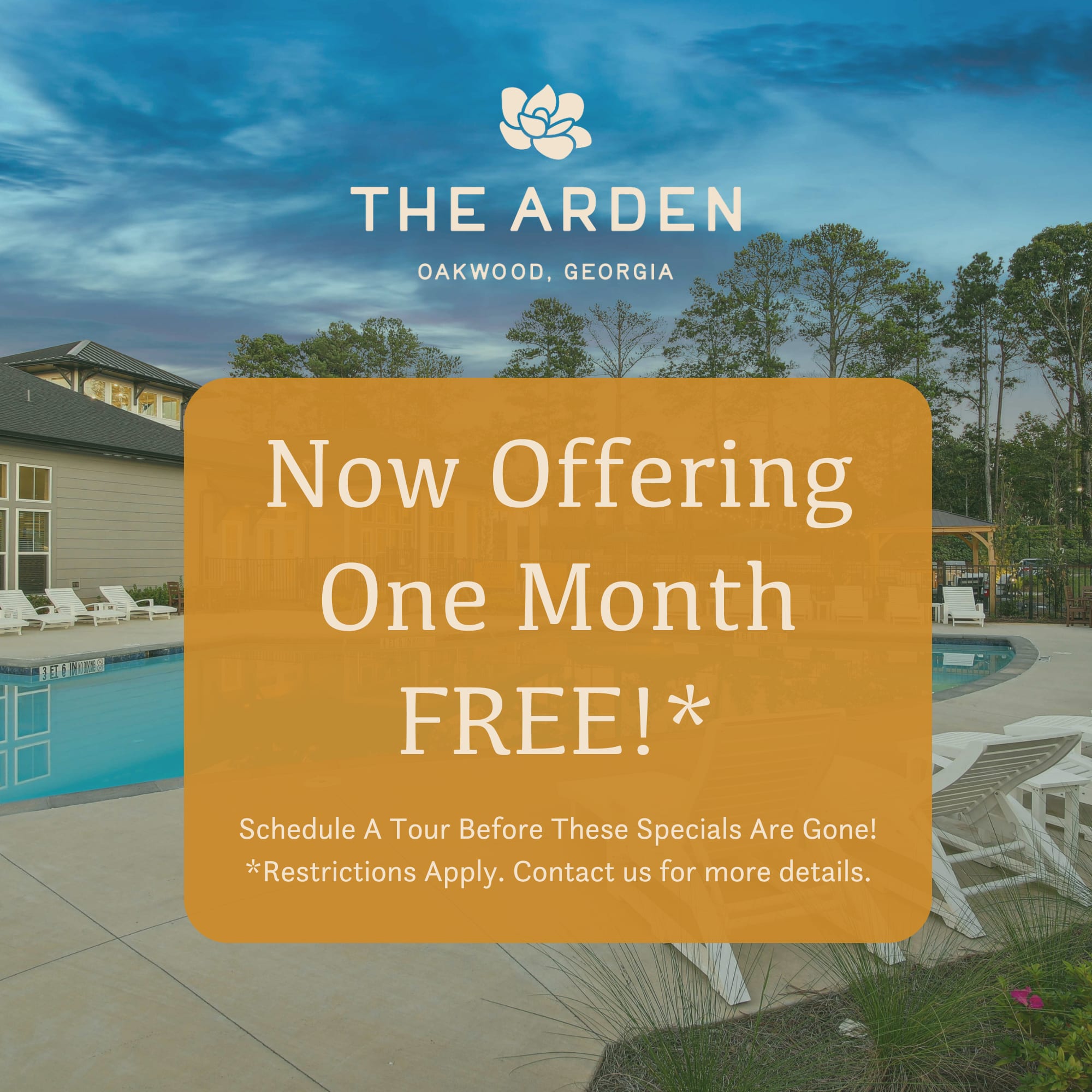 A promotional image for The Arden in Oakwood, Georgia offering a one month free deal.