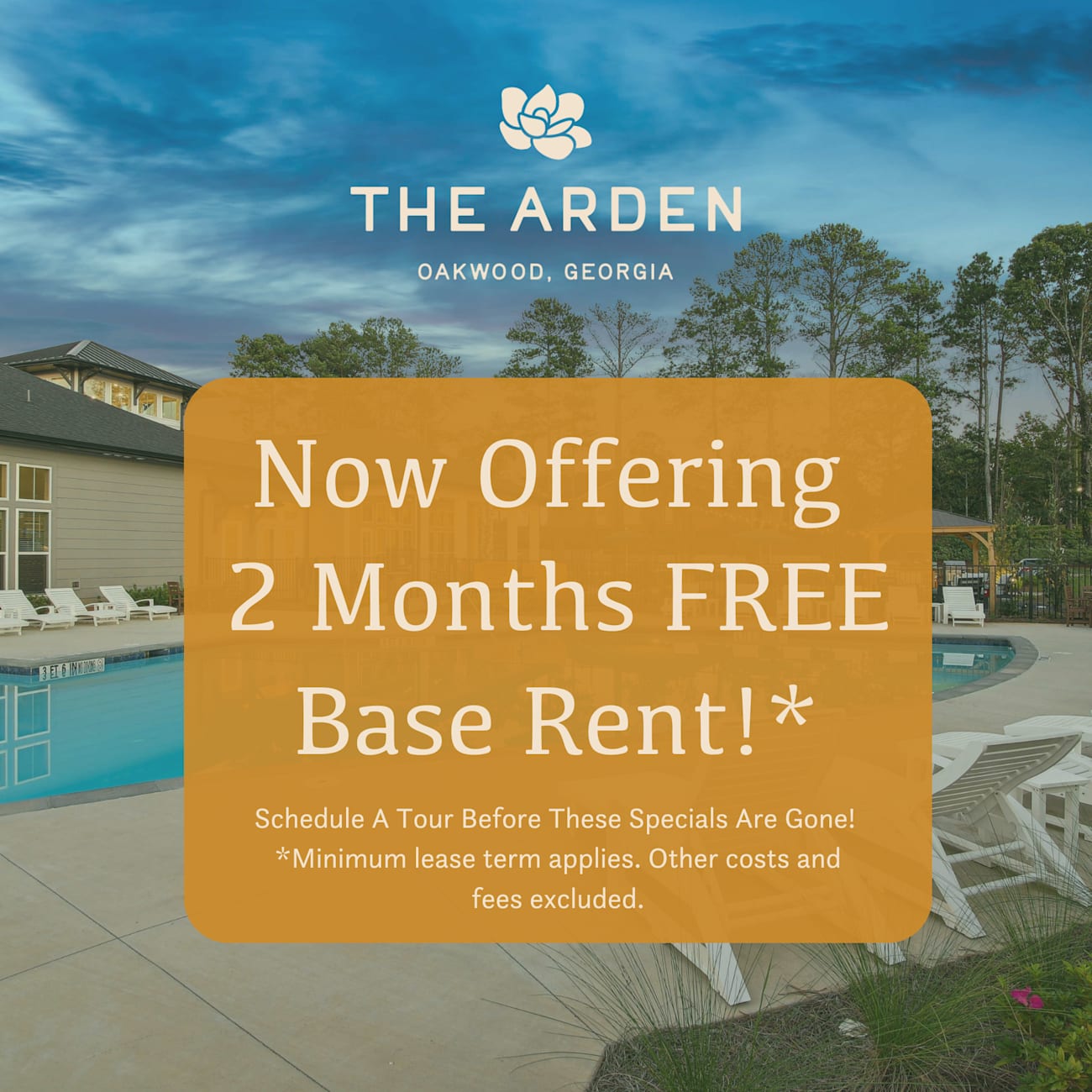 A promotional image for The Arden in Oakwood, Georgia offering 2 months free base rent.