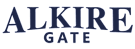 The image shows the text "ALKIRE GATE" in dark blue letters on a black background.