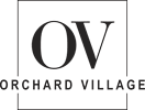 A black and white image of a logo with the letters "OV" and the words "ORCHARD VILLAGE".