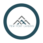 the logo of new port landing with a blue circle around it