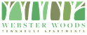 A green and black logo for Webster Woods Townhouse Apartments.