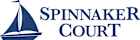 A blue and white logo with a sailboat and the words "Spinnaker Court".
