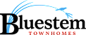 A logo with a bird and the words "Bluestem Townhomes" in black and red.