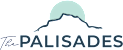 A logo with a mountain and the word "PALISADES" in front of a full moon.