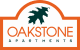Oakstone property logo with orange and navy lettering with a navy leaf at Oakstone Aparmtents in Utah 84015