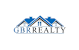 A blue and white logo for GBR Realty.