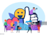 A group of people are standing around a large thumbs-up emoji.
