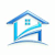 A stylized image of a house with a blue roof and a white background.