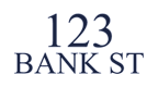 The image displays the text "123 BANK ST" in large, bold letters.