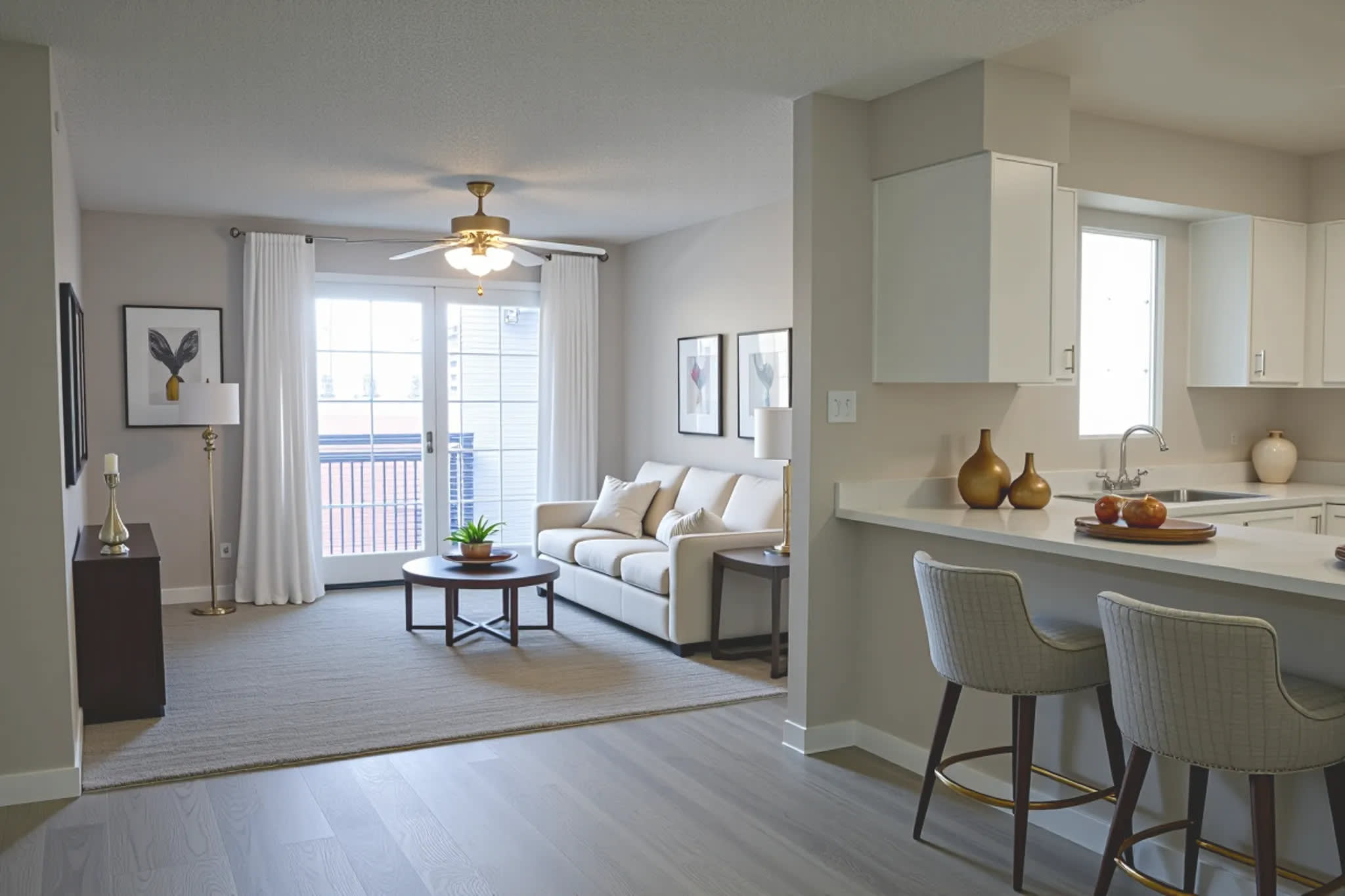 Furnished apartment living area shown — representative home at Stonebridge.