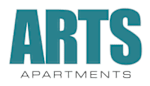 A blue and black logo for Arts Apartments.