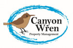 a bird with a blue circle with the words canyon wren property management
