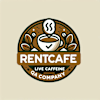 A logo for RentCafe, a live caffeine company, featuring a steaming cup of coffee.