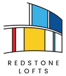 a logo of a building with a blue yellow and red