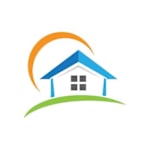 A logo featuring a house with a sun and a green hill.