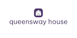 a blue and white logo with the words queensway house