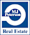 A blue and white logo for MJ Peterson Real Estate.