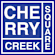 A blue and white sign that says Cheery Creek Square.