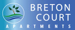 the logo apartments with a blue background and a green plant on
