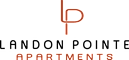 The image shows a logo with the text "LANDON POINTE APARTMENTS" in red and black on a green background.