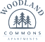 The image is a logo for Woodland Commons Apartments.