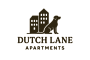 A logo for Dutch Lane Apartments featuring a dog and buildings.