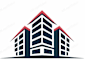 A graphic of a building with a red roof and dark blue walls.