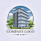 A company logo featuring a building and trees.