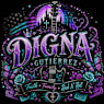 A colorful image with the word "DIGNA" in the center, surrounded by various elements such as a guitar, a castle, and butterflies.