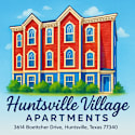 A red and blue building with the text "Huntsville Village Apartments" in front of it.
