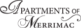 A black and white image with the words "Apartments of Merrimac" written in a decorative font.