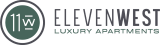 a logo with the words eleven luxury apartments on a white background