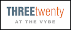 A logo with the words "THREE twenty AT THE VYBE" in different font sizes and colors.