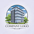 A company logo featuring a building and trees.