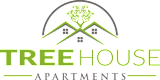 A logo for Treehouse Apartments features a green tree growing out of a house.