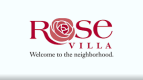 a red rose with the words rose villa on a white background