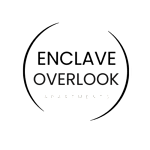The image shows a logo for "ENCLAVE OVERLOOK APARTMENTS" with a dark green background.