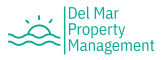 a green background with the words del mar property management and a blue sea logo