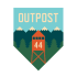 a graphic of an outpost with mountains and a flag