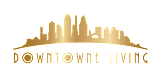 A logo with a city skyline and the words "Downtown Living" in gold.