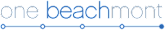 A blue and black logo that says one beachmont.