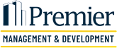 A logo for Premier Management & Development featuring blue and yellow text and a graphic of a building.