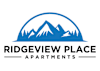 A logo for Ridgeview Place Apartments featuring a mountain and trees.