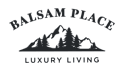 A logo for Balsam Place, a luxury living community, features a silhouette of a mountain range with trees.