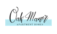 The image displays the name "Oak Manor" in an elegant script, followed by the words "Apartment Homes" in a smaller font, all set against a green background.